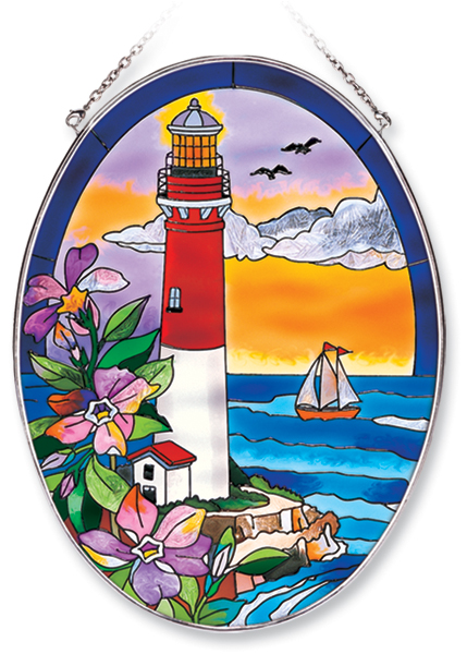 AMIA 7789 Pansies Lighthouse Large Oval Stained Glass