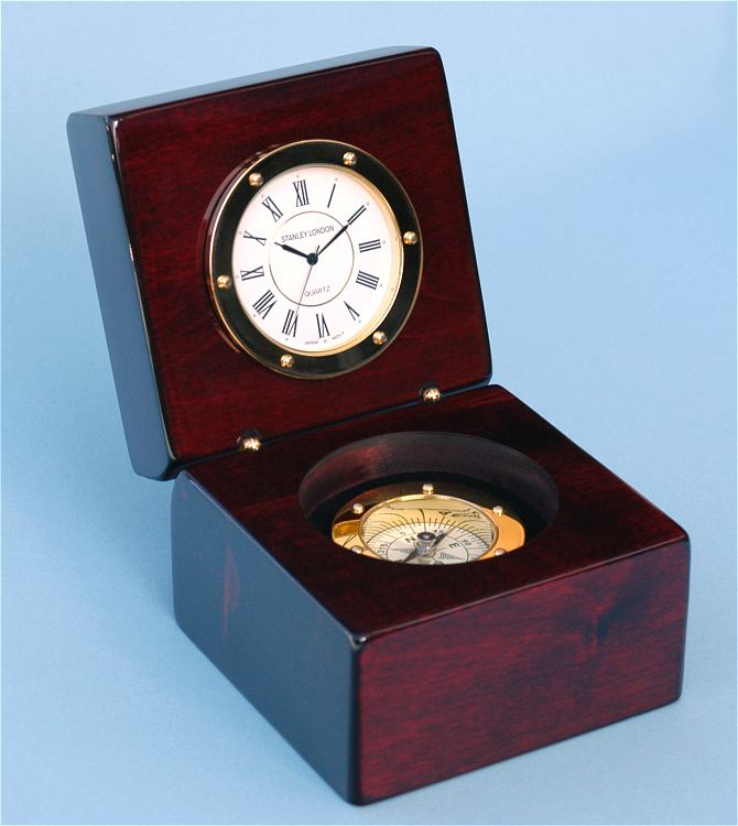 Stanley London Desk Clock with Magnetic Compass in a Rich Piano-Finished Solid Mahogany Case