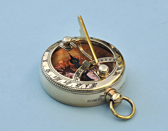 Polished Brass Pocket Sundial Compass with Copper Compass Rose